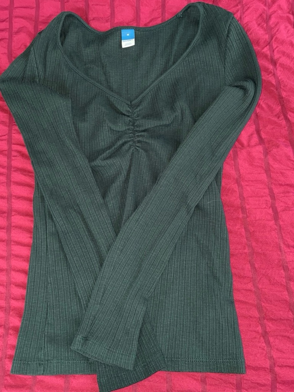 Old Navy Dark Green Ribbed V-Neck Long Sleeve Top